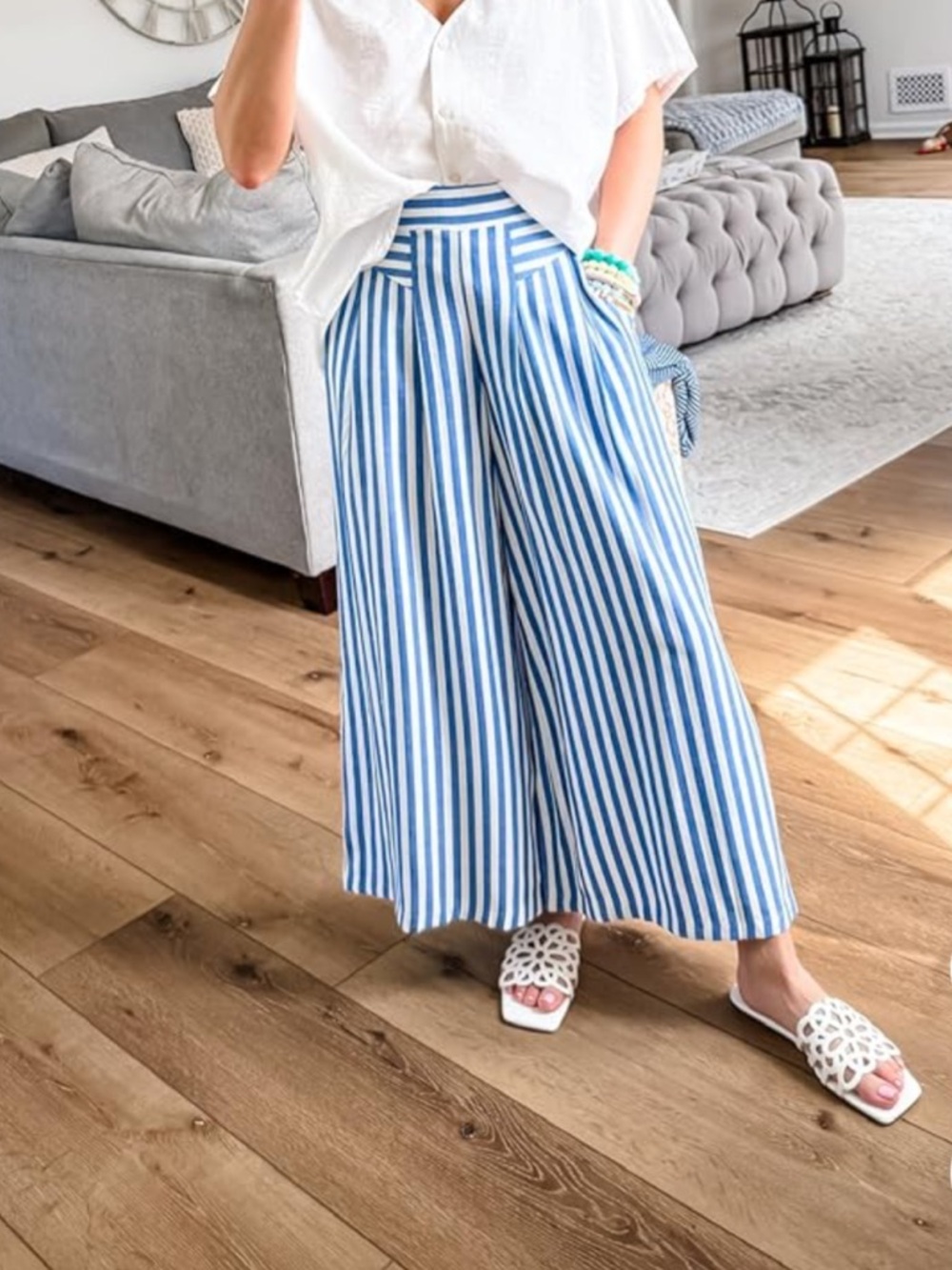 Blue and White Vertical Stripe Wide Leg Pants.